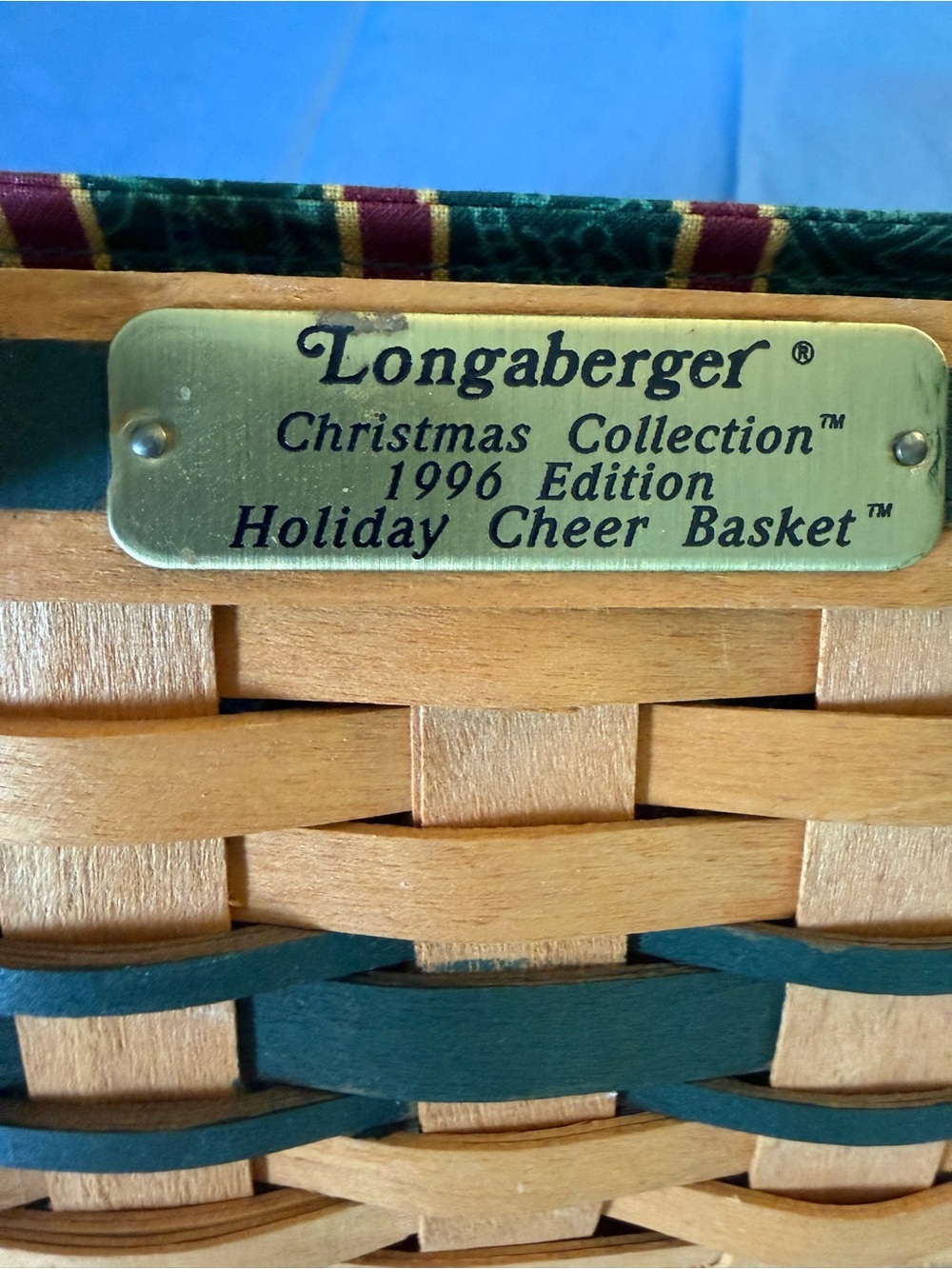 Longaberger 1996 Holiday Cheer Basket - Green and Natural Wood w/ Top & 3 Liners